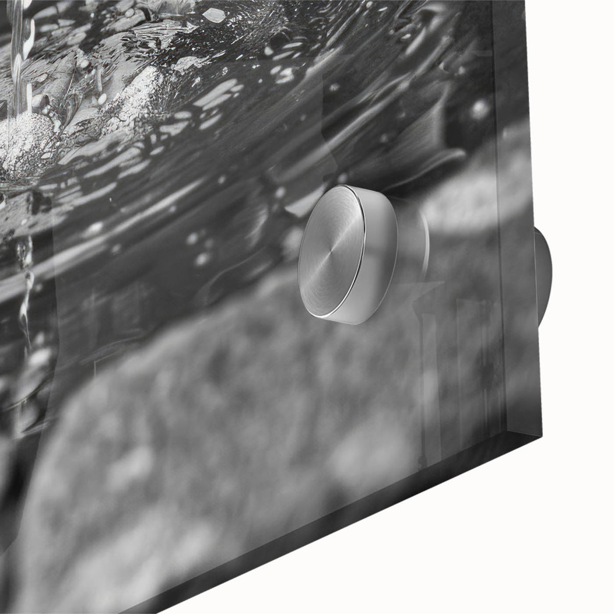 Large abstract wall art in mid-century modernist style, featuring soft gray and blue tones on acrylic glass.