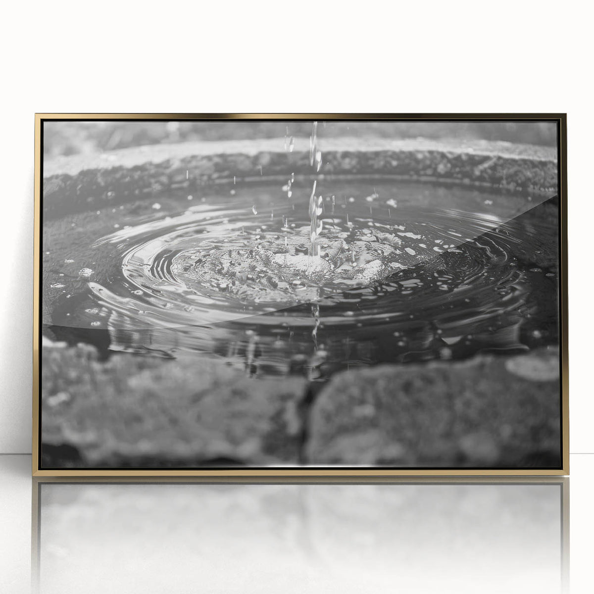 Mid-century modernist acrylic print of an architectural fountain design in gold tones, ideal for modern art wall decor.