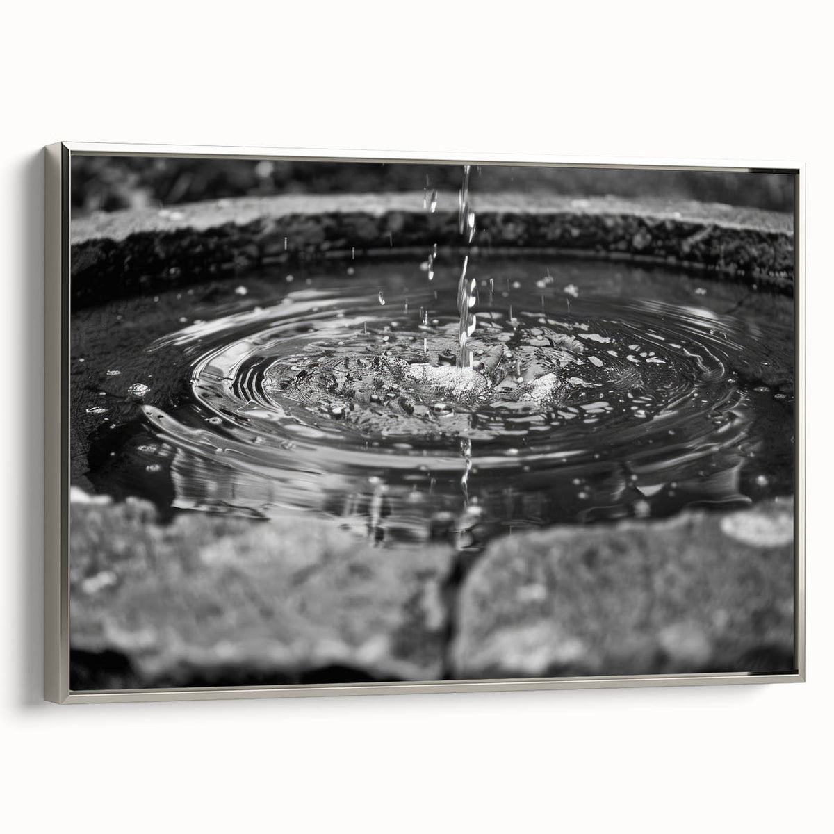 Framed canvas of a vintage-style landscape art painting featuring a black fountain design with colorful accents.