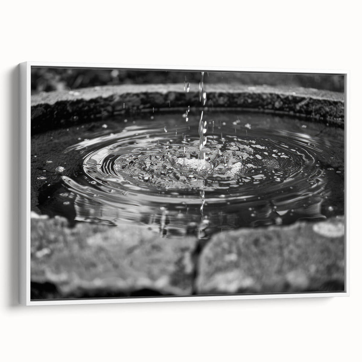 Vintage poster art of a fountain design on a framed canvas, featuring a monochrome black palette.