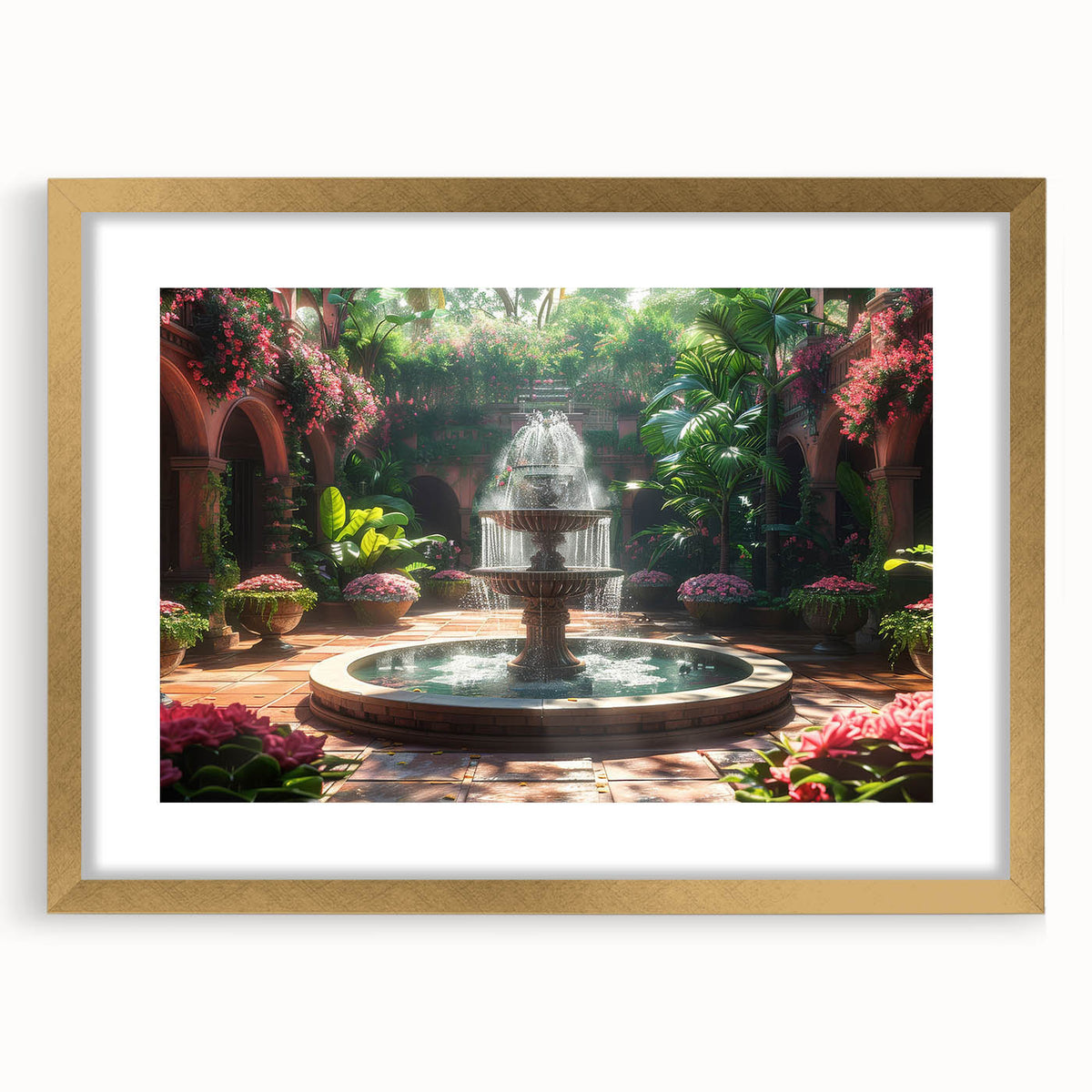 Extra large abstract art print featuring a textured fountain design in muted gold tones, framed with a mat.