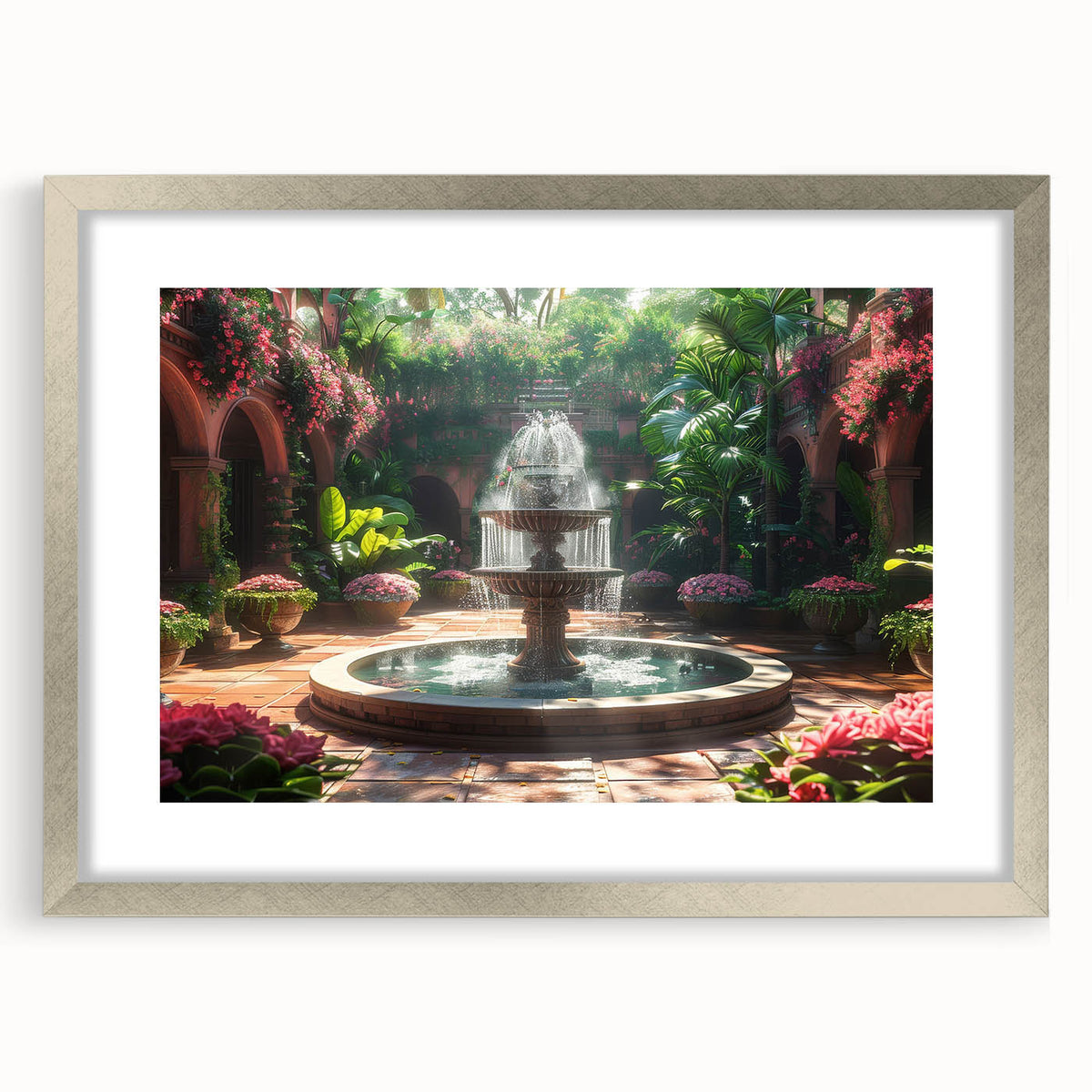 Textured art print of an abstract fountain design in muted gray, framed in silver, ideal for bedroom decor.