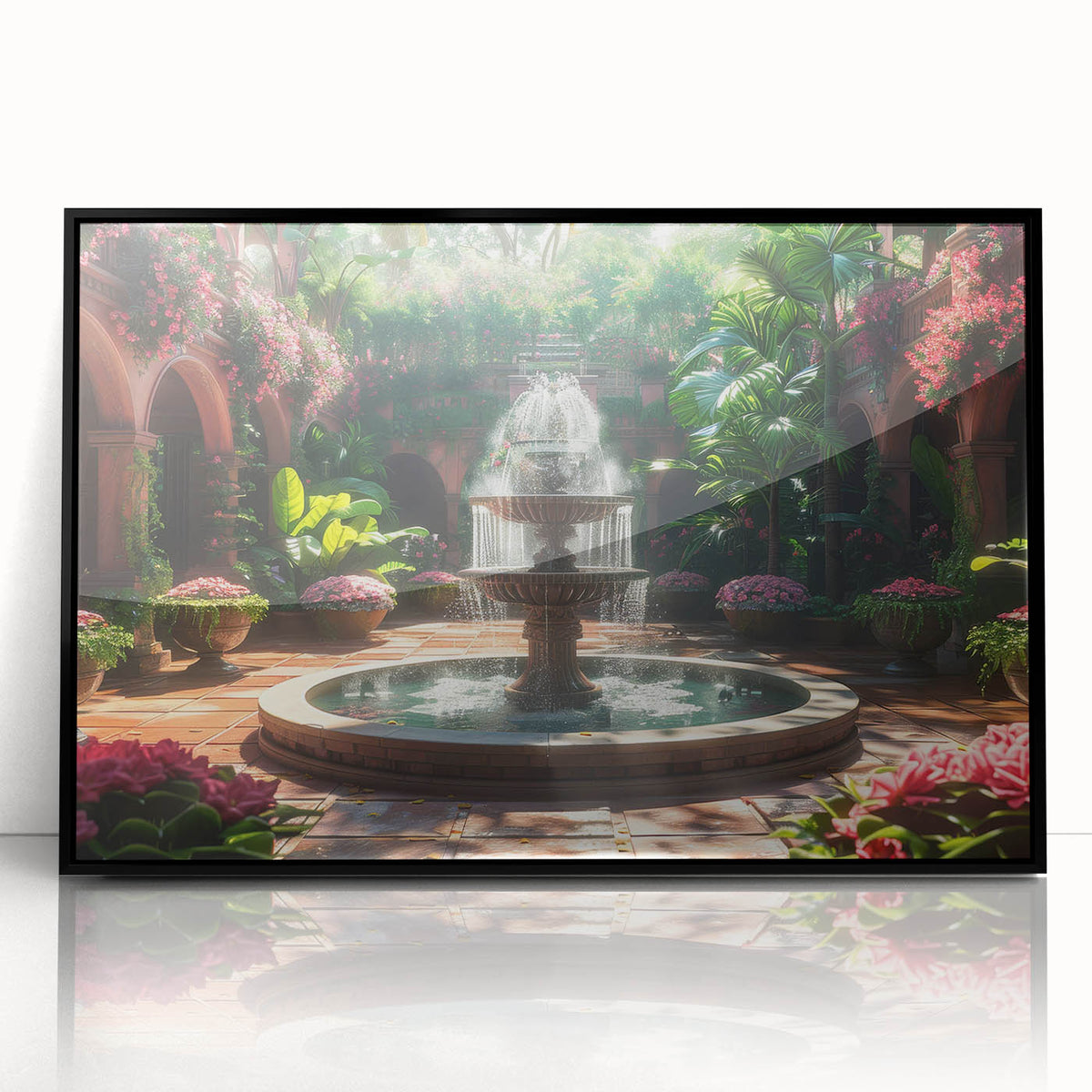 Large abstract wall art depicting a fountain design in black and white tones on a framed acrylic.