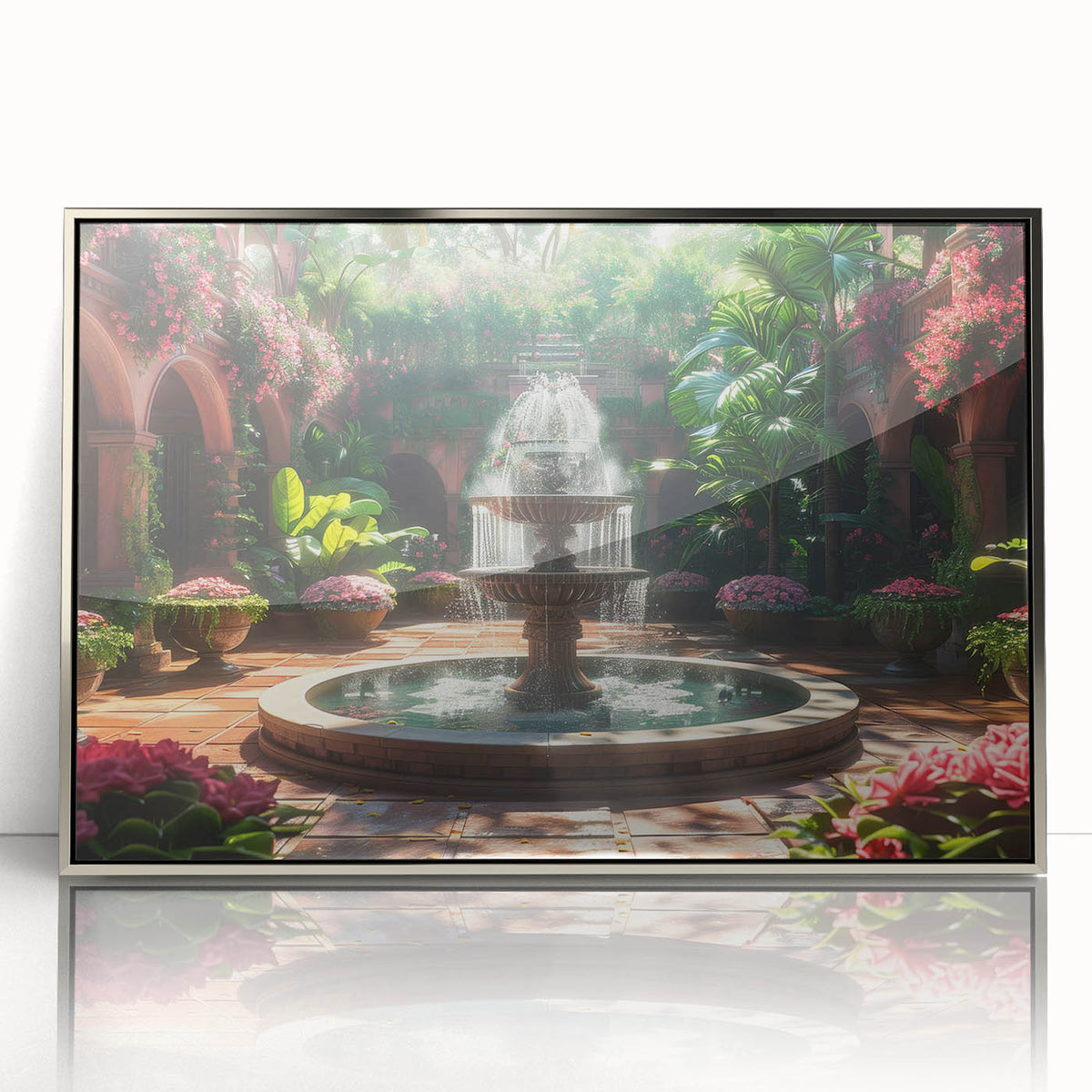 Mid-century modernist art of a silver-framed acrylic fountain design, ideal for nursery wall art.