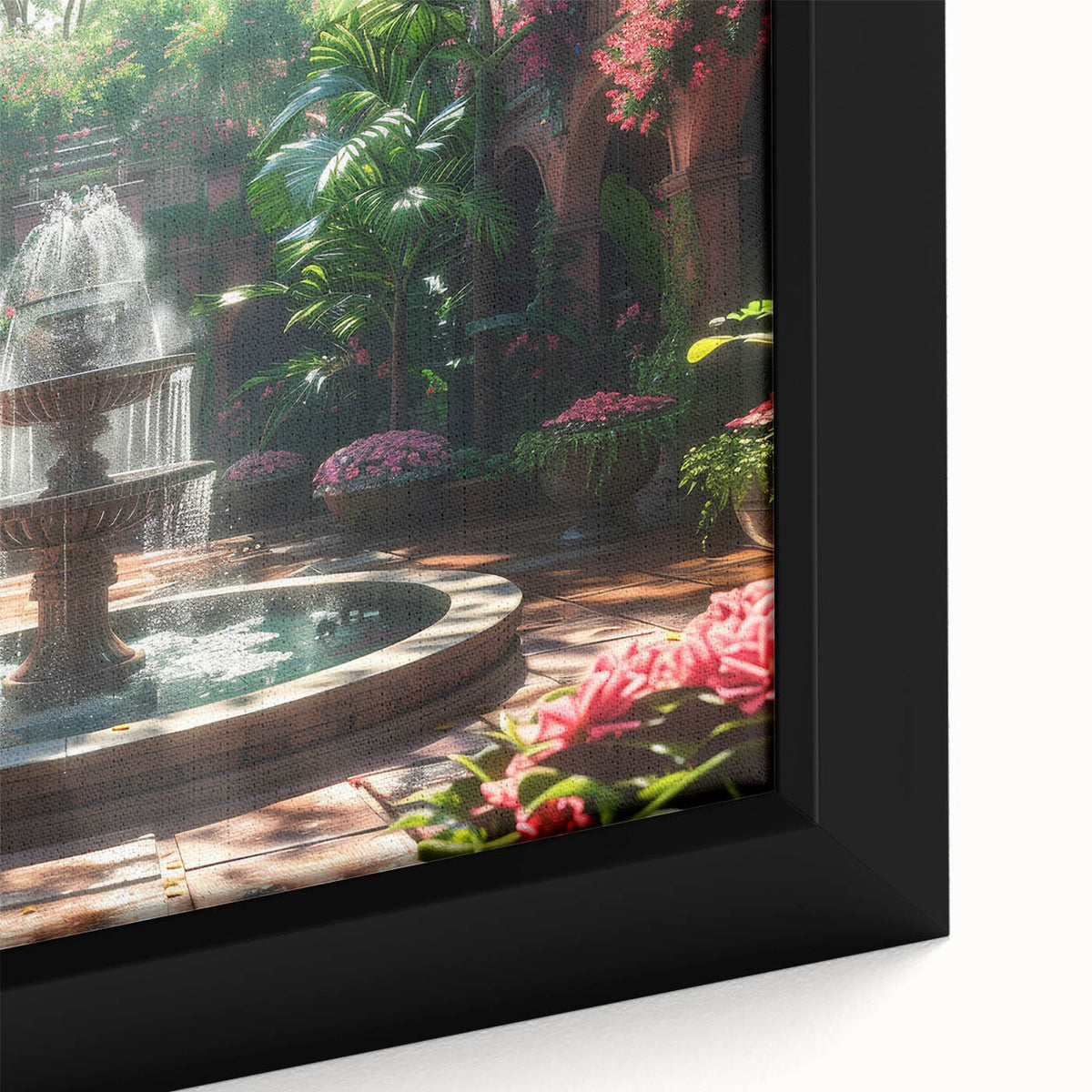 Extra large black wall art featuring a detailed textured fountain design in colorful art style, framed canvas.