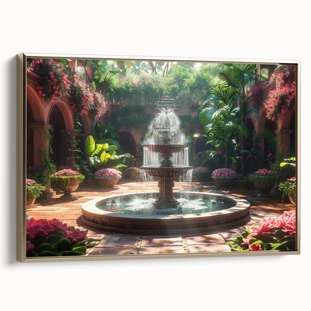 Framed canvas featuring a vintage-style landscape painting with muted earth tones and gold accents.