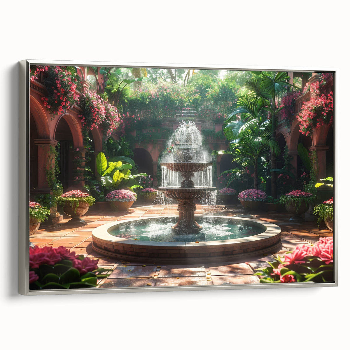 Framed canvas featuring a vintage black and colorful landscape painting of a fountain, ideal for office or living room decor.