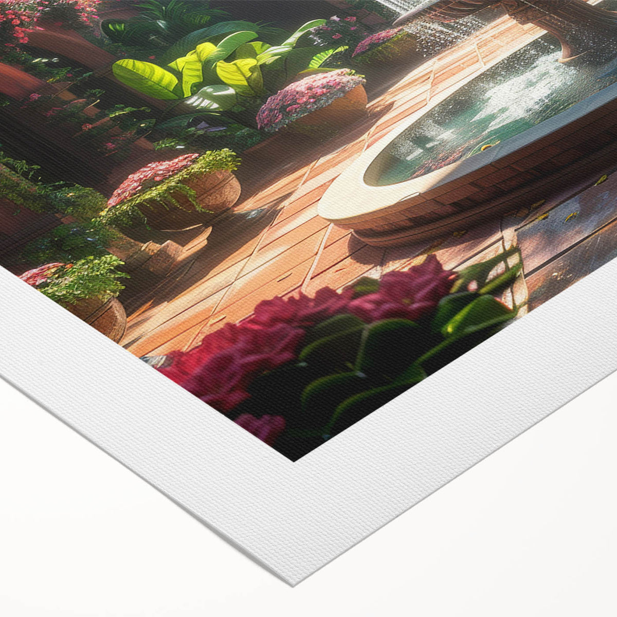 Art deco poster featuring a monochrome architectural fountain design on rolled canvas, suitable for dining room walls.