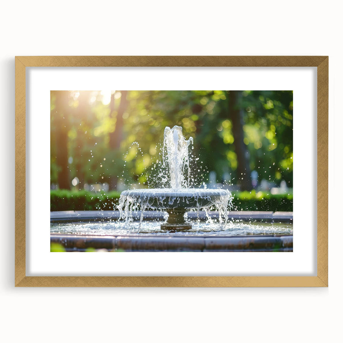 Extra large abstract art print featuring a textured fountain design in gold tones, framed with mat.