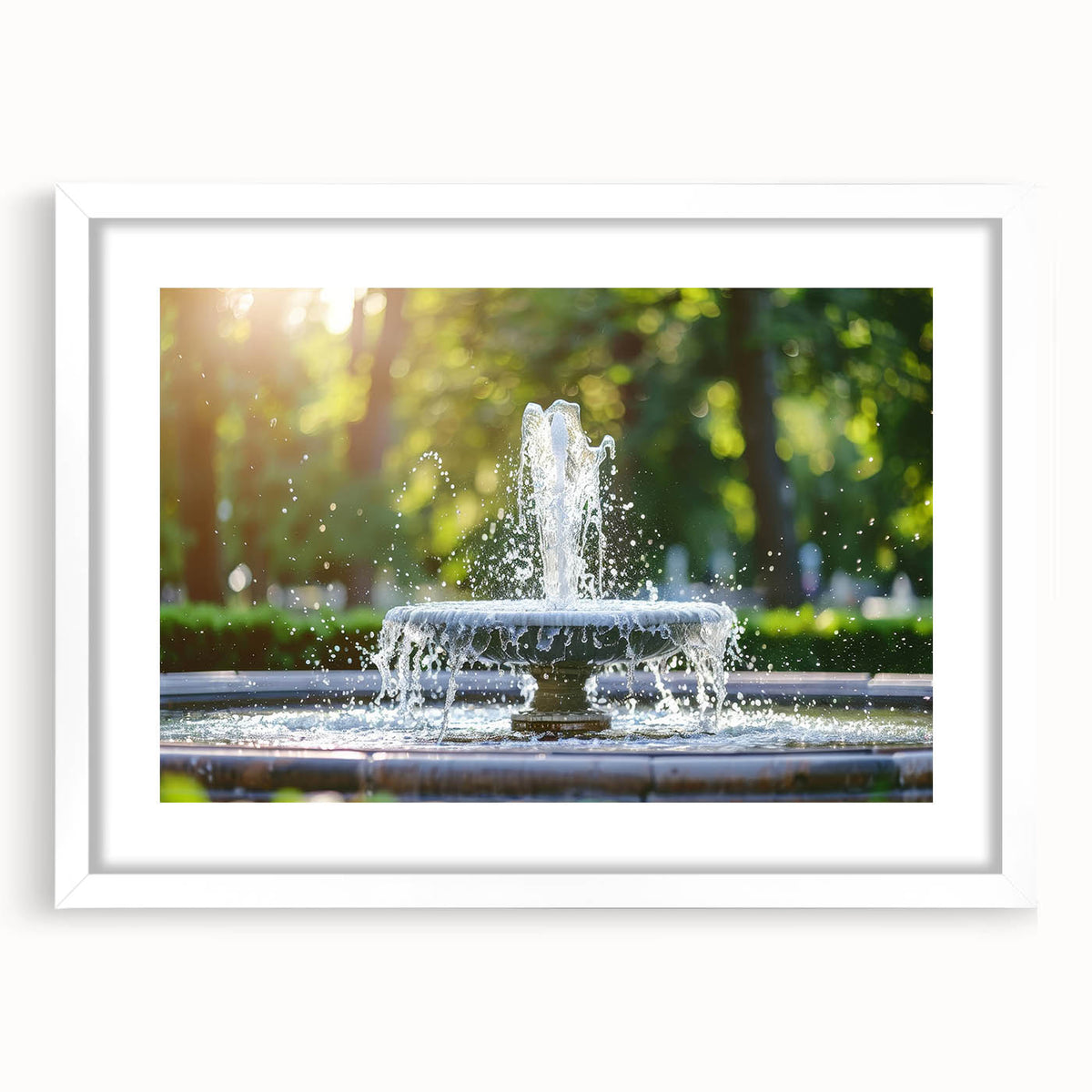 Abstract art print featuring flowing water design in blue and white tones, framed with a white mat.