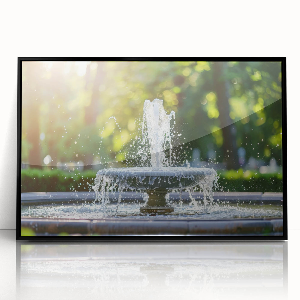 Large abstract wall art featuring a mid-century modernist fountain design in black and white, framed in acrylic.