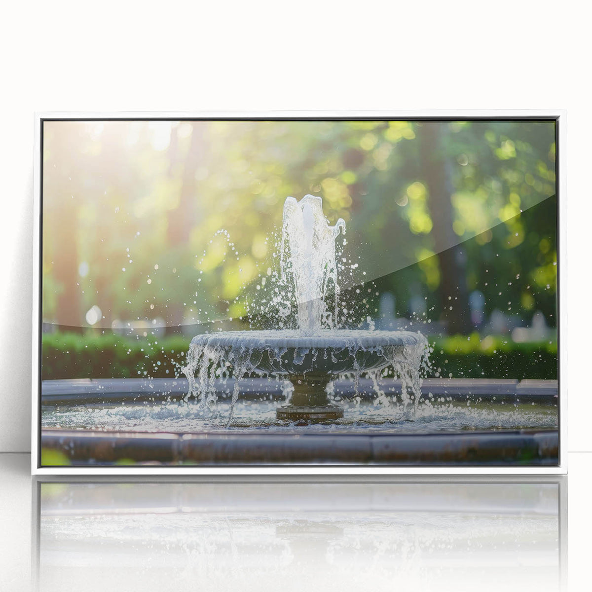 Art Deco style poster featuring a geometric fountain design in muted gray and white tones, framed acrylic.