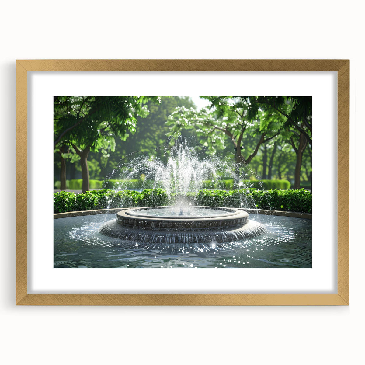 Extra large abstract art print featuring a textured fountain design in gold tones, framed with a mat.