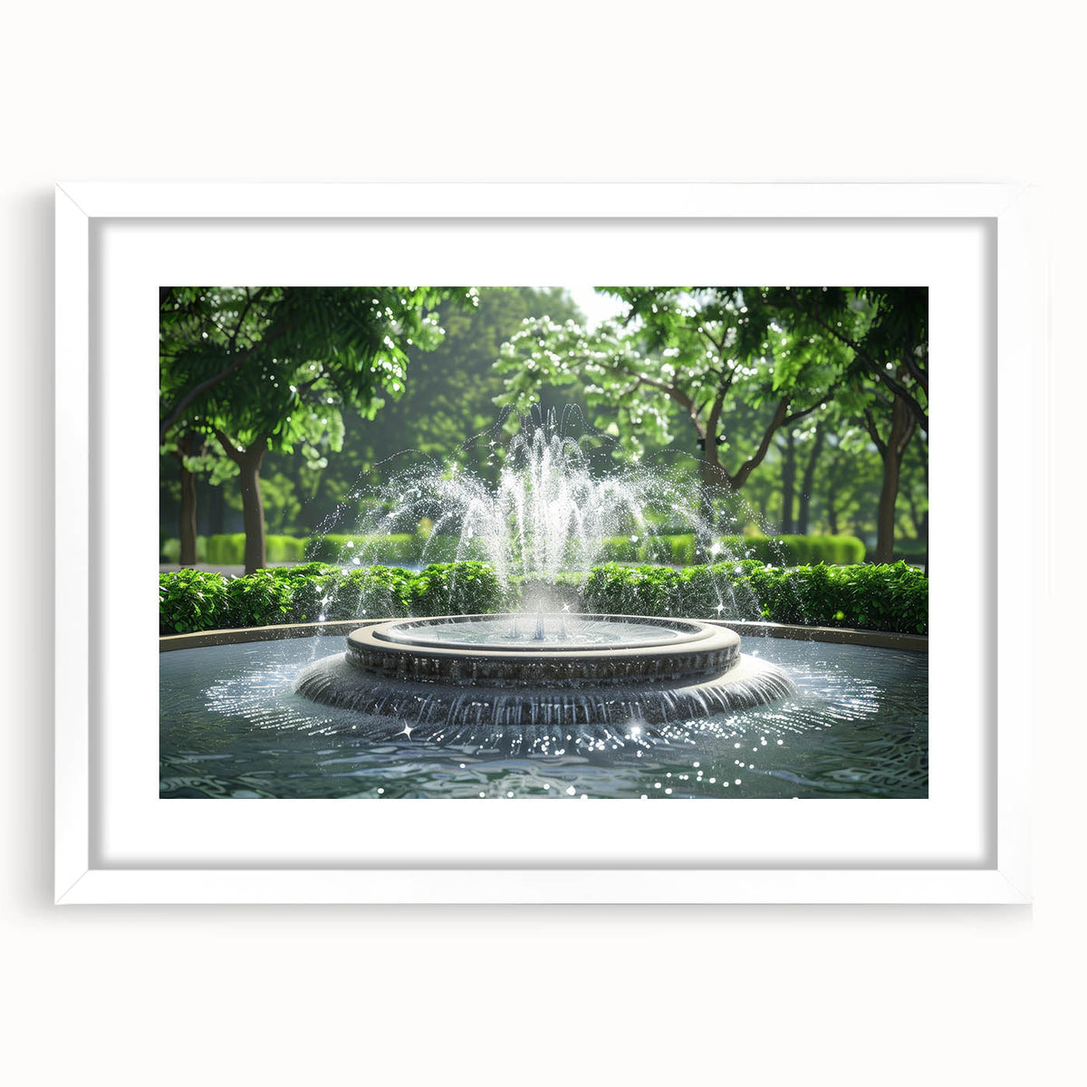 Abstract art print featuring geometric shapes in muted gray and blue tones, framed with a white mat.