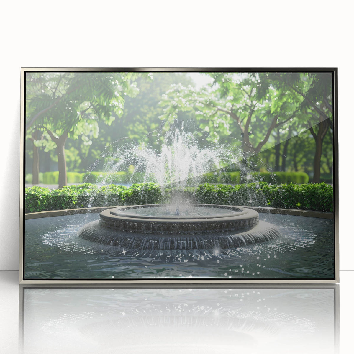 Mid-century modernist art of a geometric fountain design in silver tones on a framed acrylic, ideal for nursery wall decor.