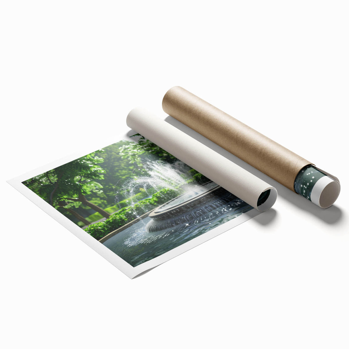 Extra large rolled print featuring a detailed floral art design on a fountain architecture background.
