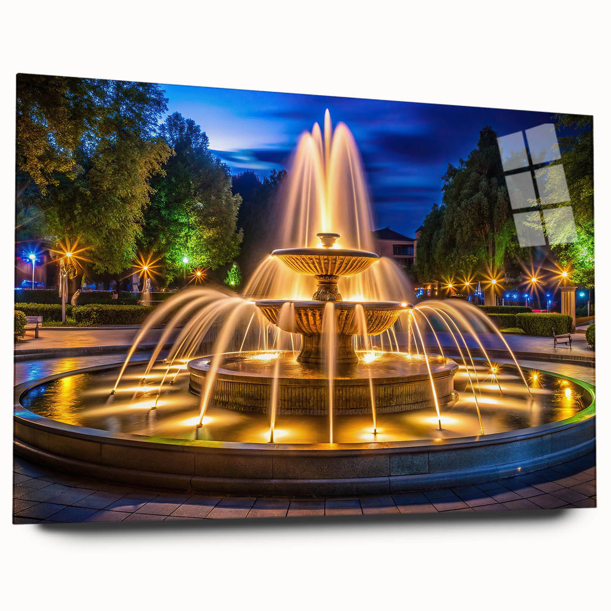 Large abstract wall art on acrylic glass featuring a fountain design in muted blues and grays.