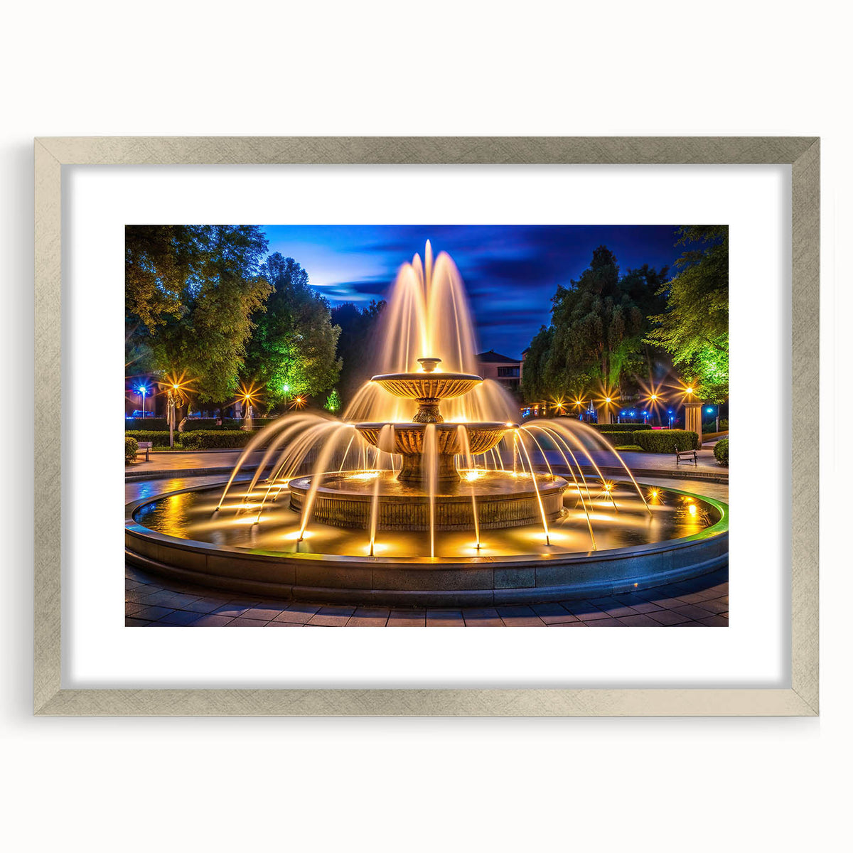 Abstract art print featuring a fluid fountain design in silver and gray tones, framed with a silver mat.