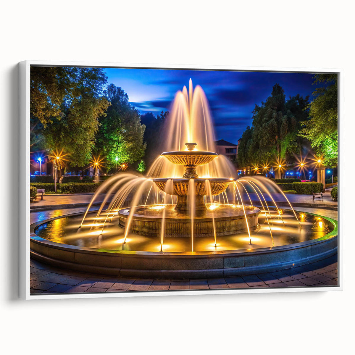 Vintage poster art of a fountain design on framed canvas, using a black and colorful palette, ideal for living room decor.