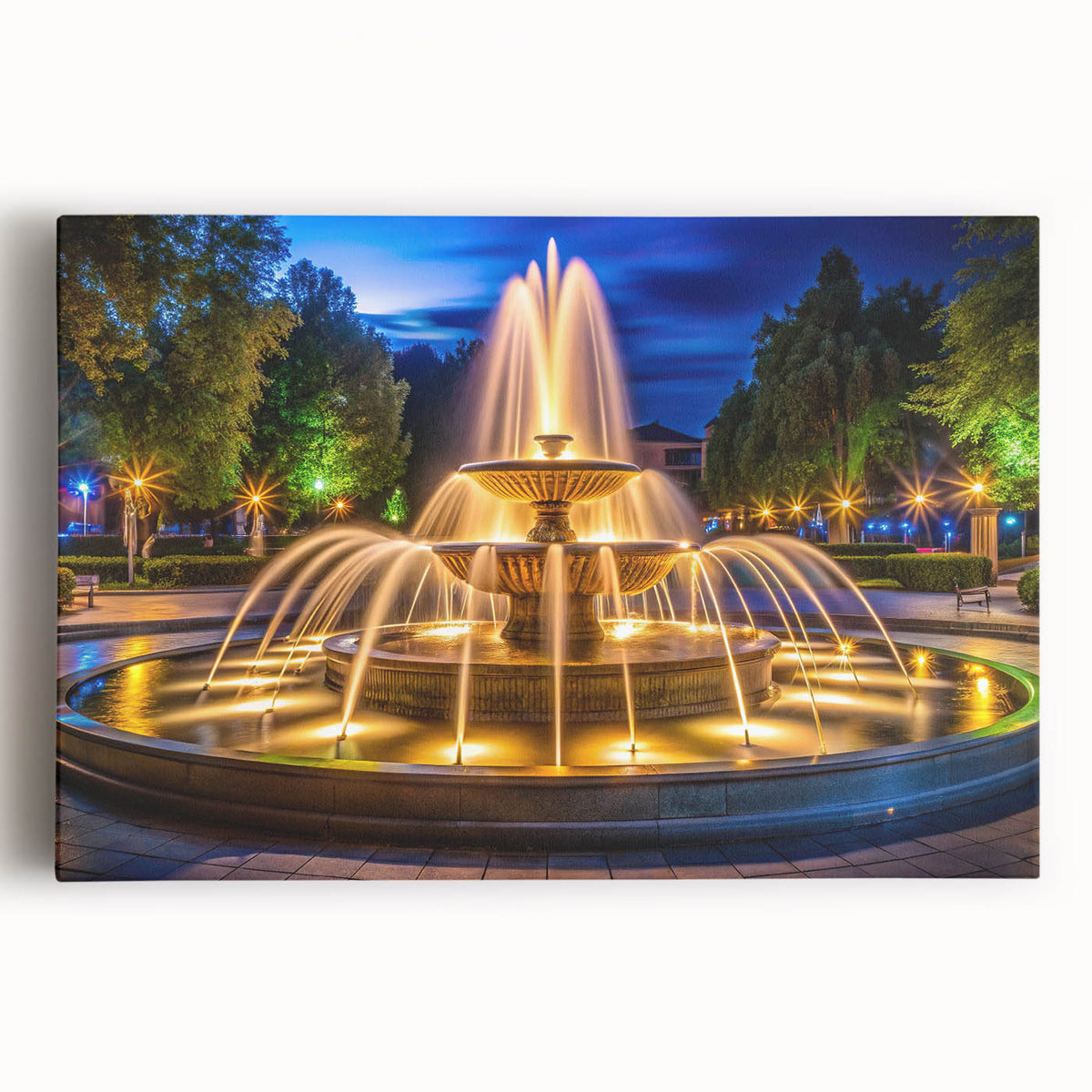 Black and white photo of a fountain on stretched canvas, ideal for kitchen wall art.