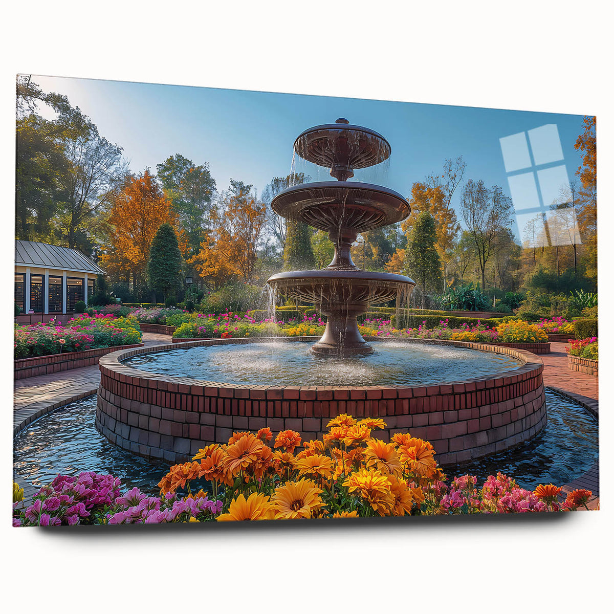 Large abstract wall art on acrylic glass depicting a minimalist fountain design in muted blue and gray tones.