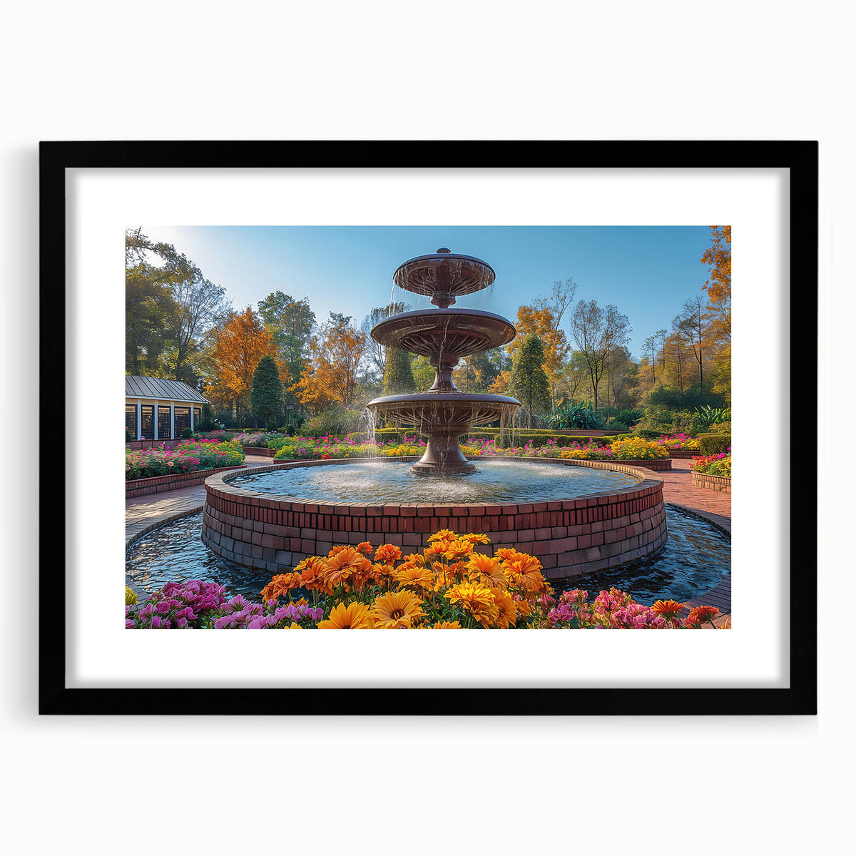 Extra large abstract art print featuring a colorful, textured fountain design on a black framed canvas.
