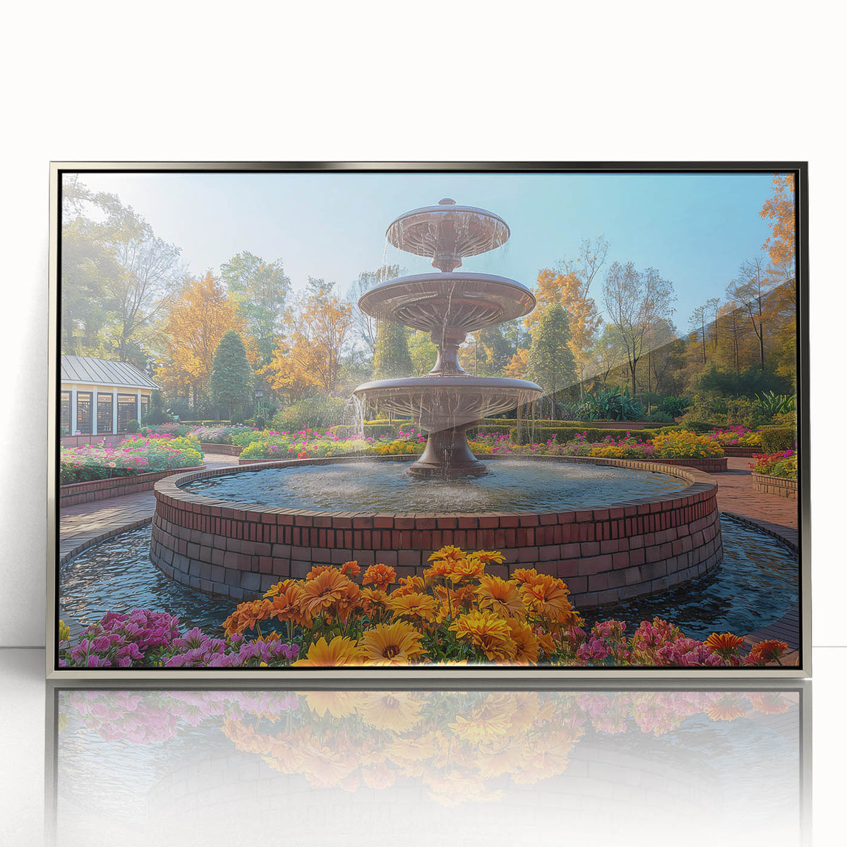 Mid-century modernist art of a silver-framed acrylic print depicting an architectural fountain design in muted gray tones.