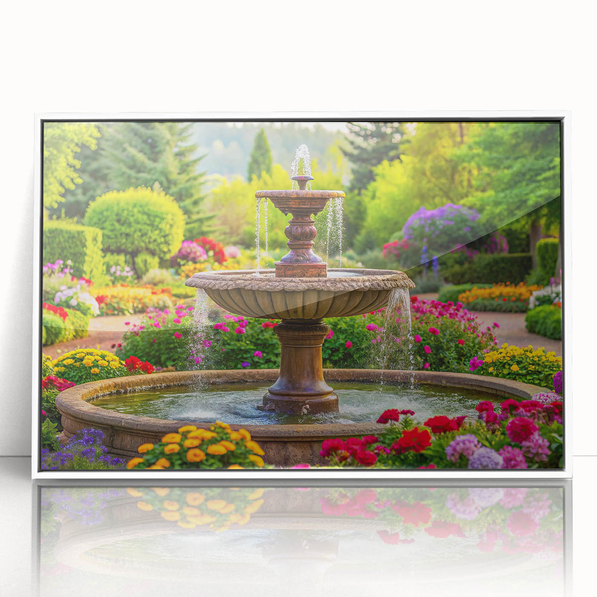 Art deco poster featuring a geometric fountain design in black and white, framed in acrylic.