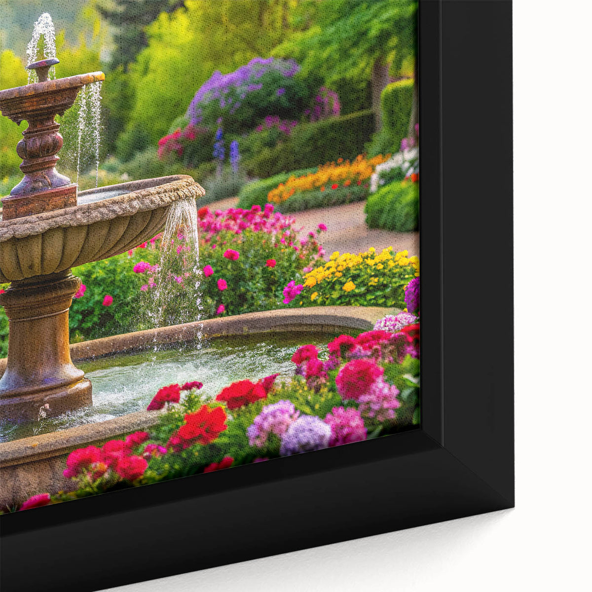 Close-up of a black framed canvas featuring a colorful, textured fountain design, ideal for extra large living room wall art.