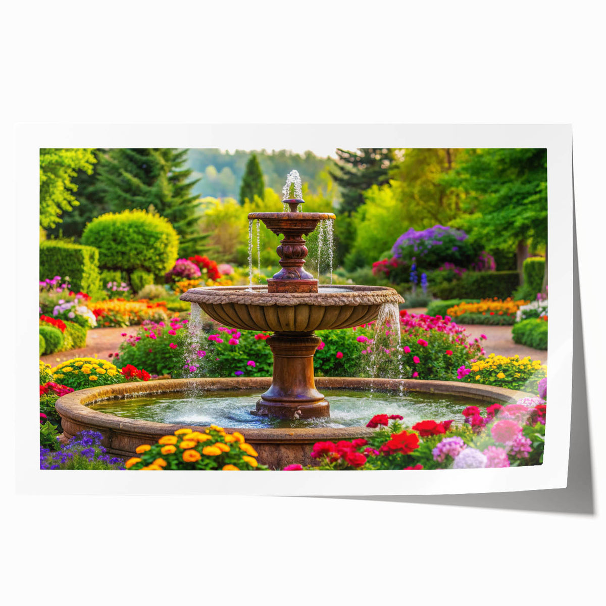 Extra large rolled print of a classical fountain design with floral elements in muted earth tones.