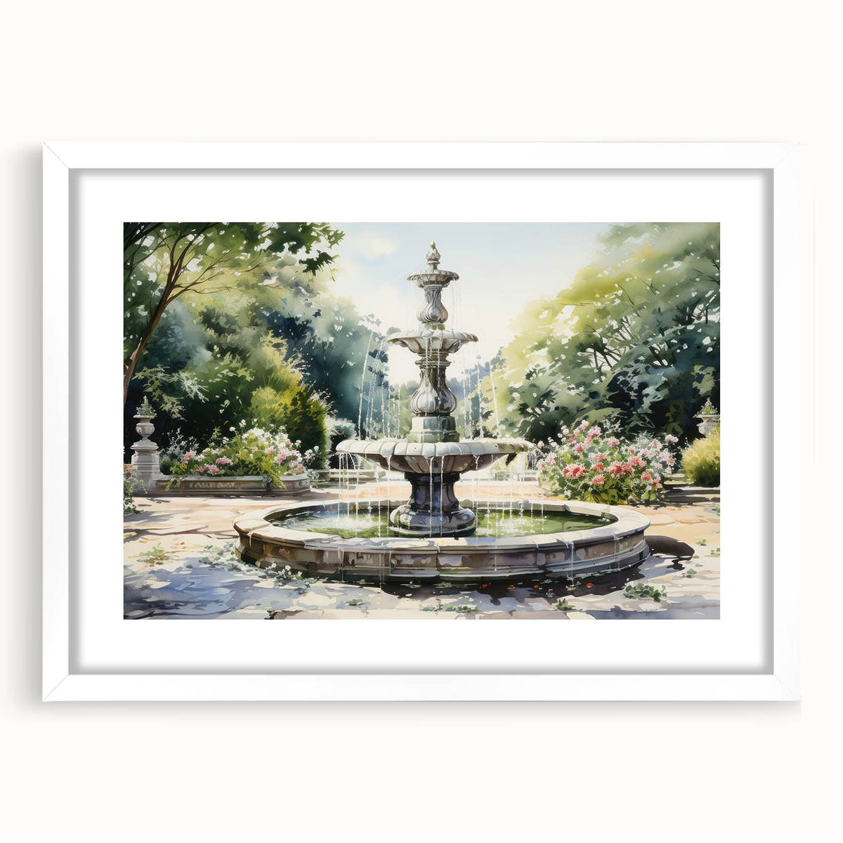 Abstract art print featuring a monochrome geometric fountain design, displayed in a white frame with mat.