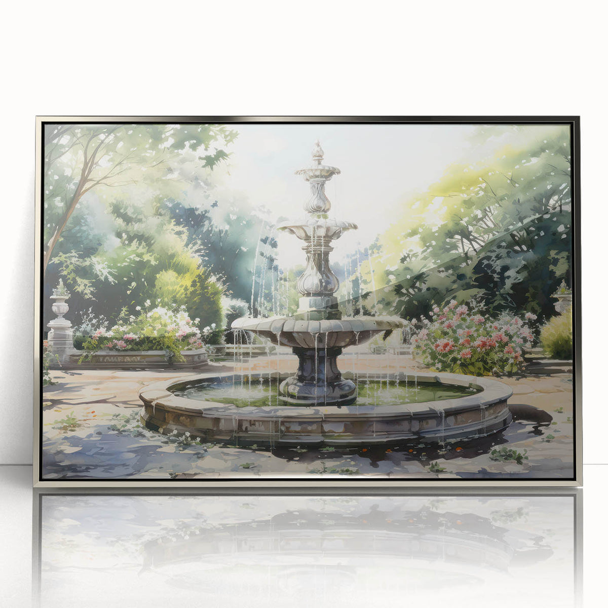 Mid-century modernist art of a silver-framed acrylic fountain design, in muted gray and blue tones.