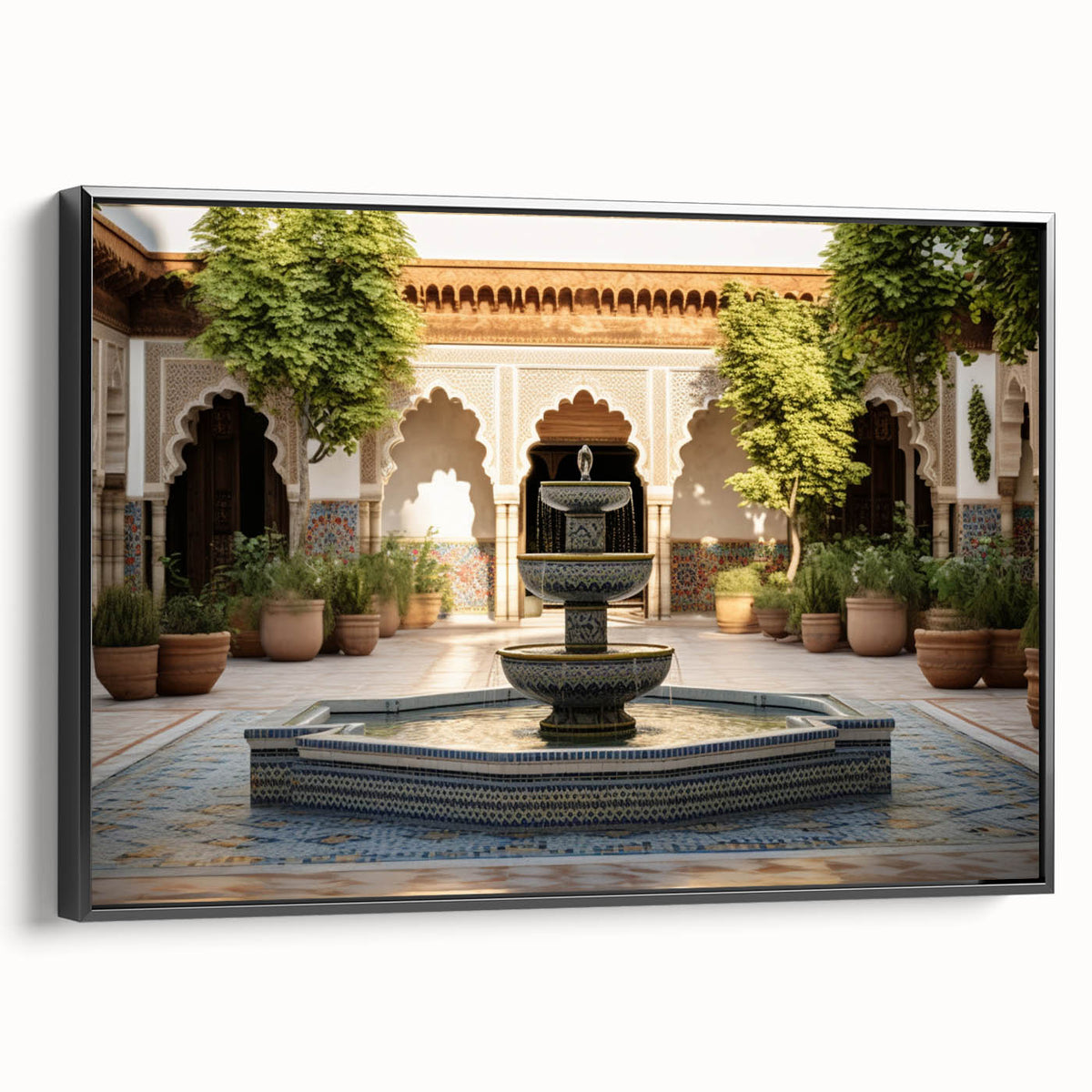 Black and white framed canvas featuring a vintage-style landscape with a fountain, ideal for bedroom wall decor.