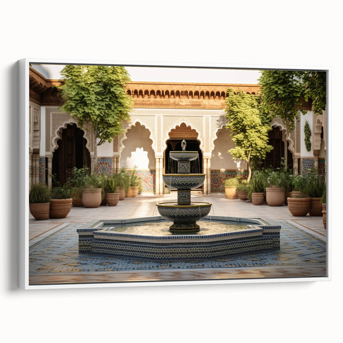 Vintage poster art of an architectural fountain design on framed canvas, featuring black and colorful art.