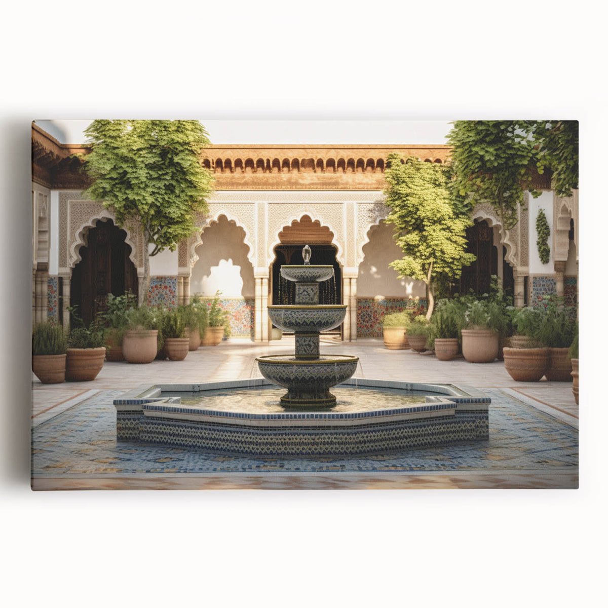 Black and white photo of a classical fountain on stretched canvas, ideal for kitchen wall art.
