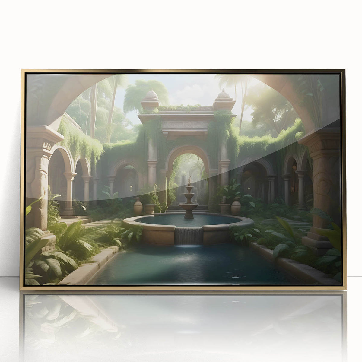 Mid-century modernist fountain design in gold and teal tones on a large framed acrylic print.