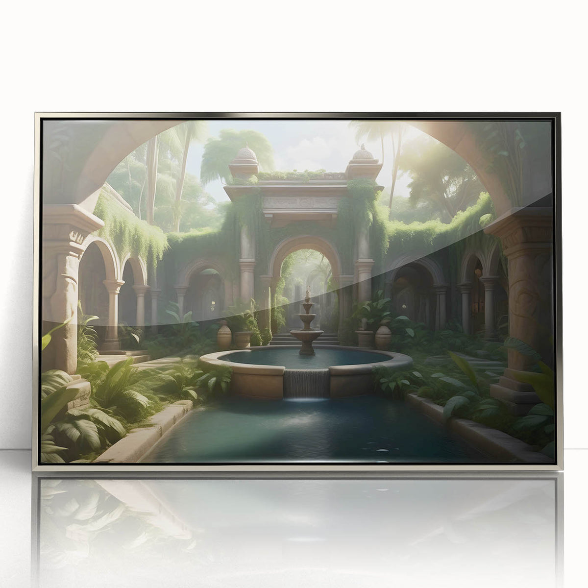 Mid-century modernist art featuring an architectural fountain design in silver and gray tones on a framed acrylic print.
