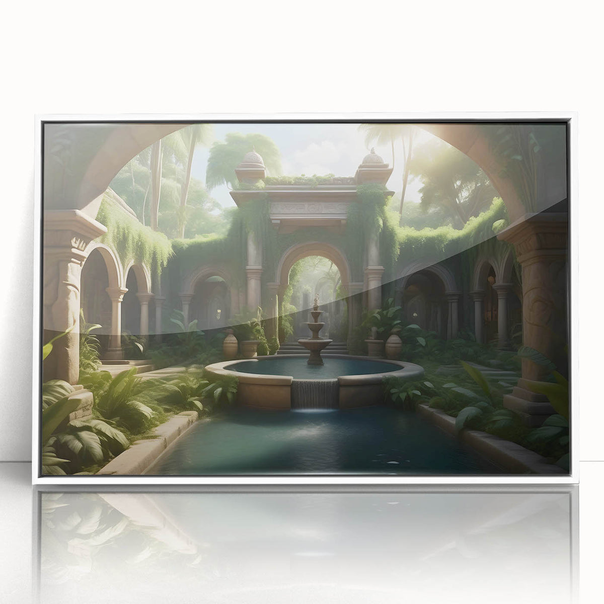 Art deco poster featuring a symmetrical fountain design in black and white, framed in acrylic.