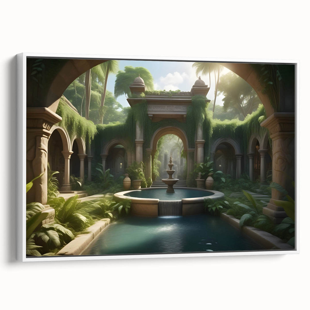 Vintage poster art of an architectural fountain design on extra large framed canvas, with colorful art on a black background.