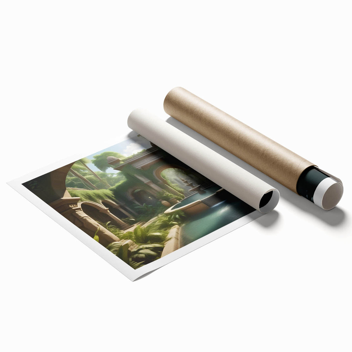 Extra large rolled print of a symmetric fountain design in muted gray tones, ideal for classy bathroom wall art.