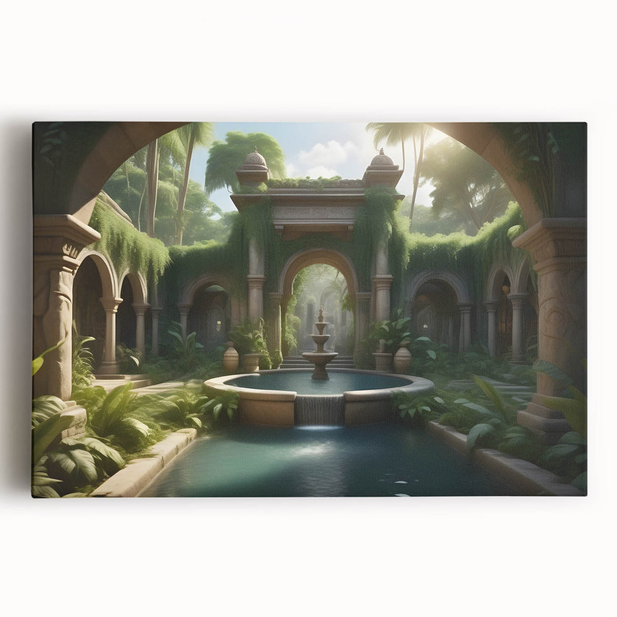 Black and white photograph of a classical fountain on stretched canvas, ideal for kitchen wall art.