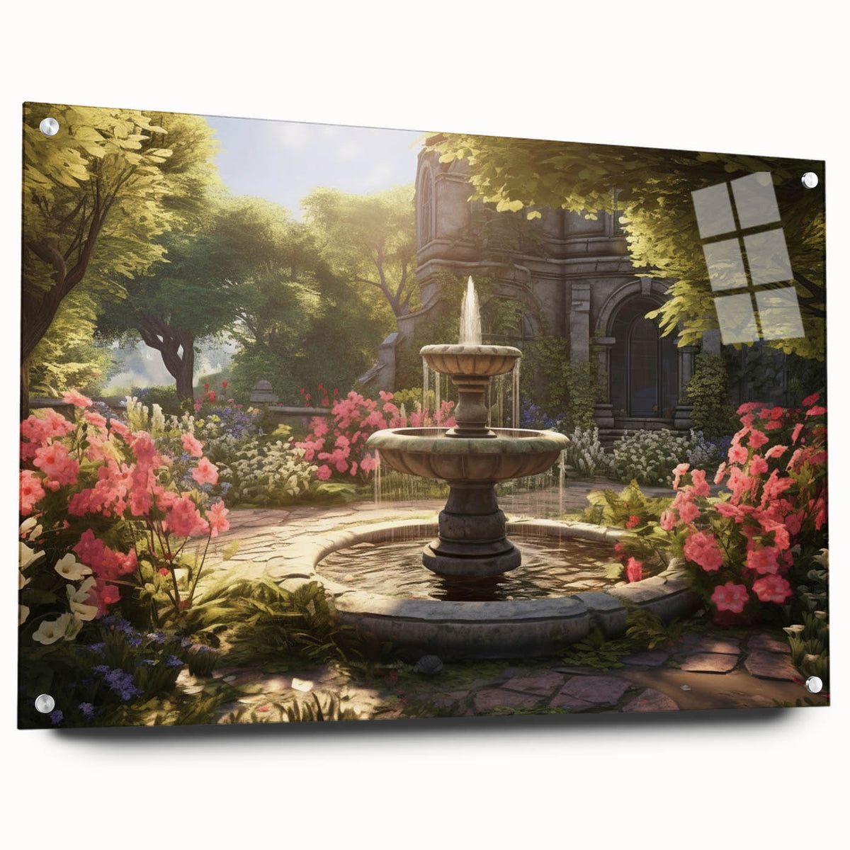 Large abstract wall art on acrylic glass depicting an architectural fountain design in muted gray tones.