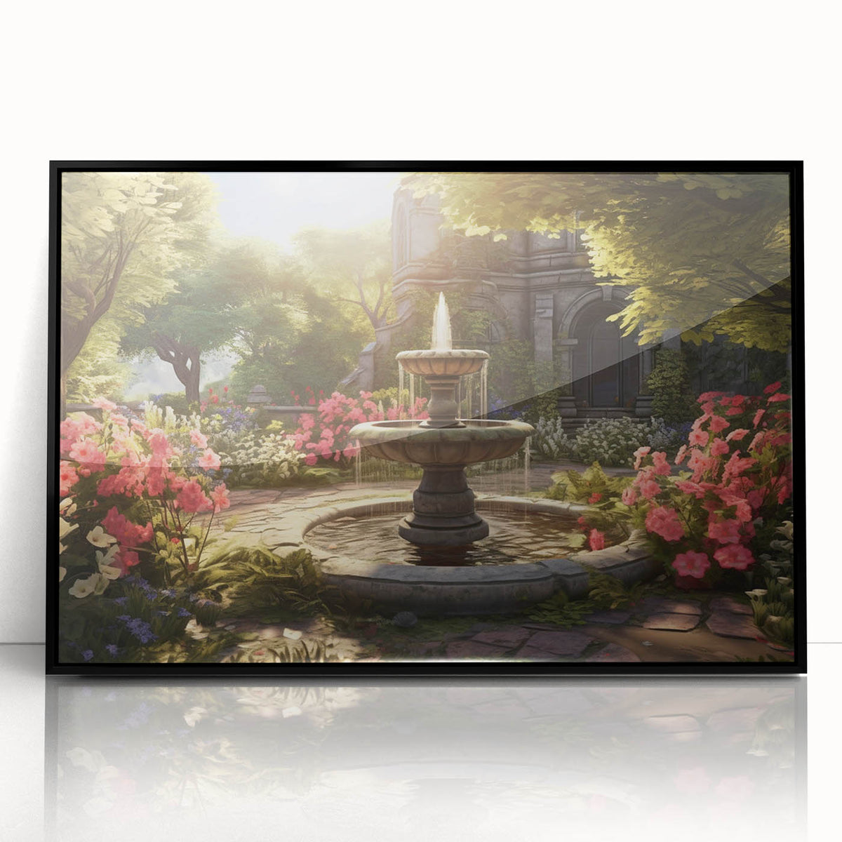 Large abstract wall art featuring a mid-century modernist fountain design in black and white tones, framed in acrylic.