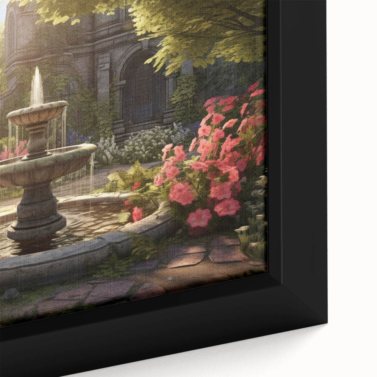 Black wall art featuring a close-up of a fountain design in colorful, textured strokes on a framed canvas.