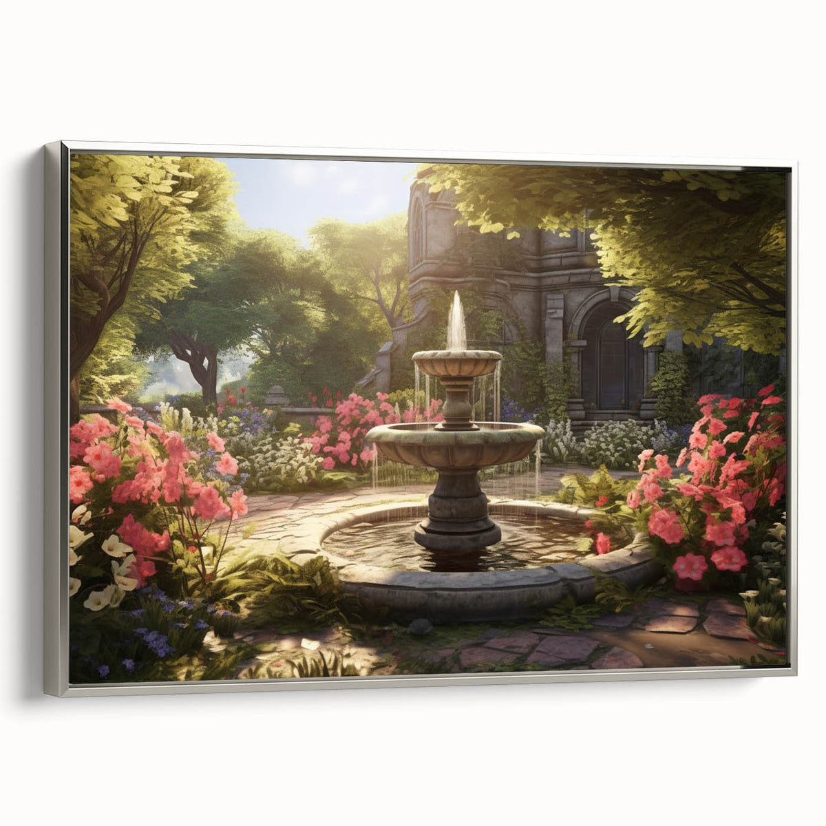 Framed canvas featuring a vintage landscape art painting with a silver fountain design.