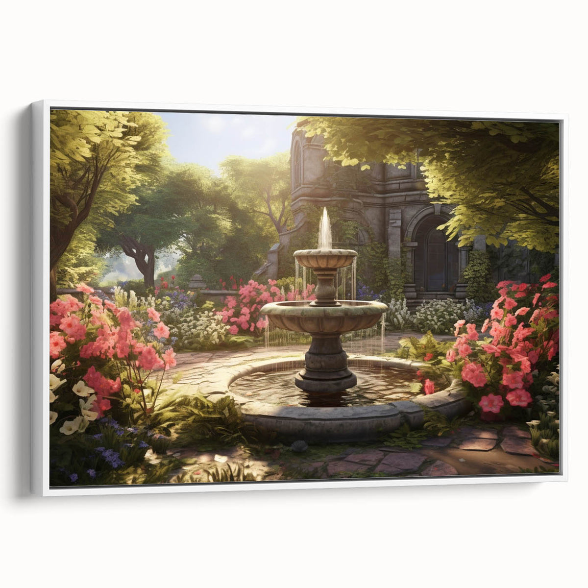 Vintage poster art of a fountain design on framed canvas, featuring black and colorful art.