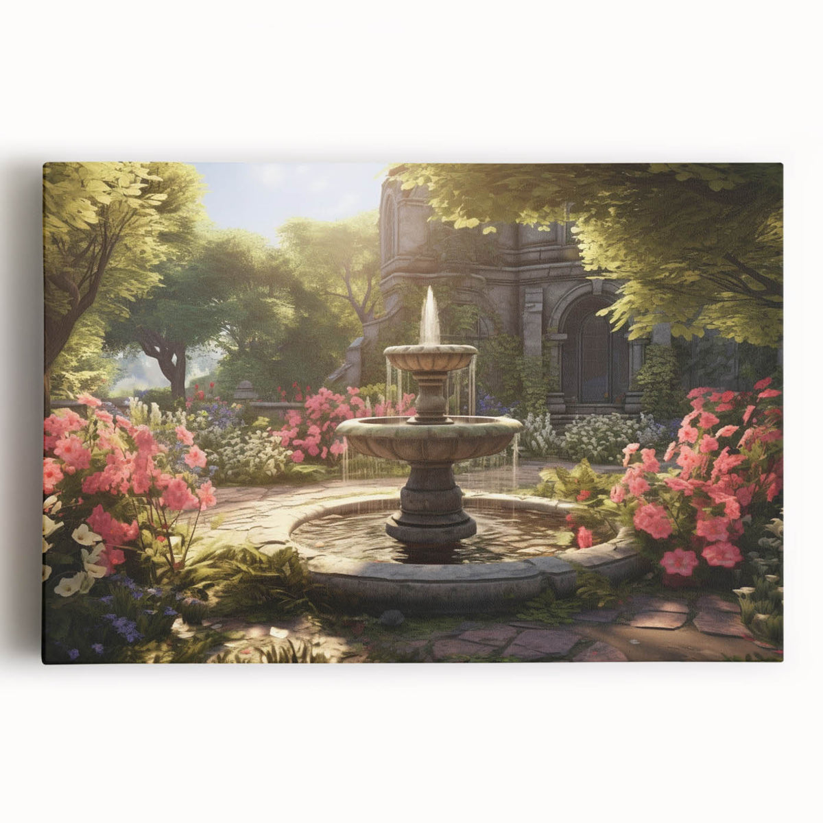 Black and white large art print of an architectural fountain design on stretched canvas, suitable for kitchen wall art.