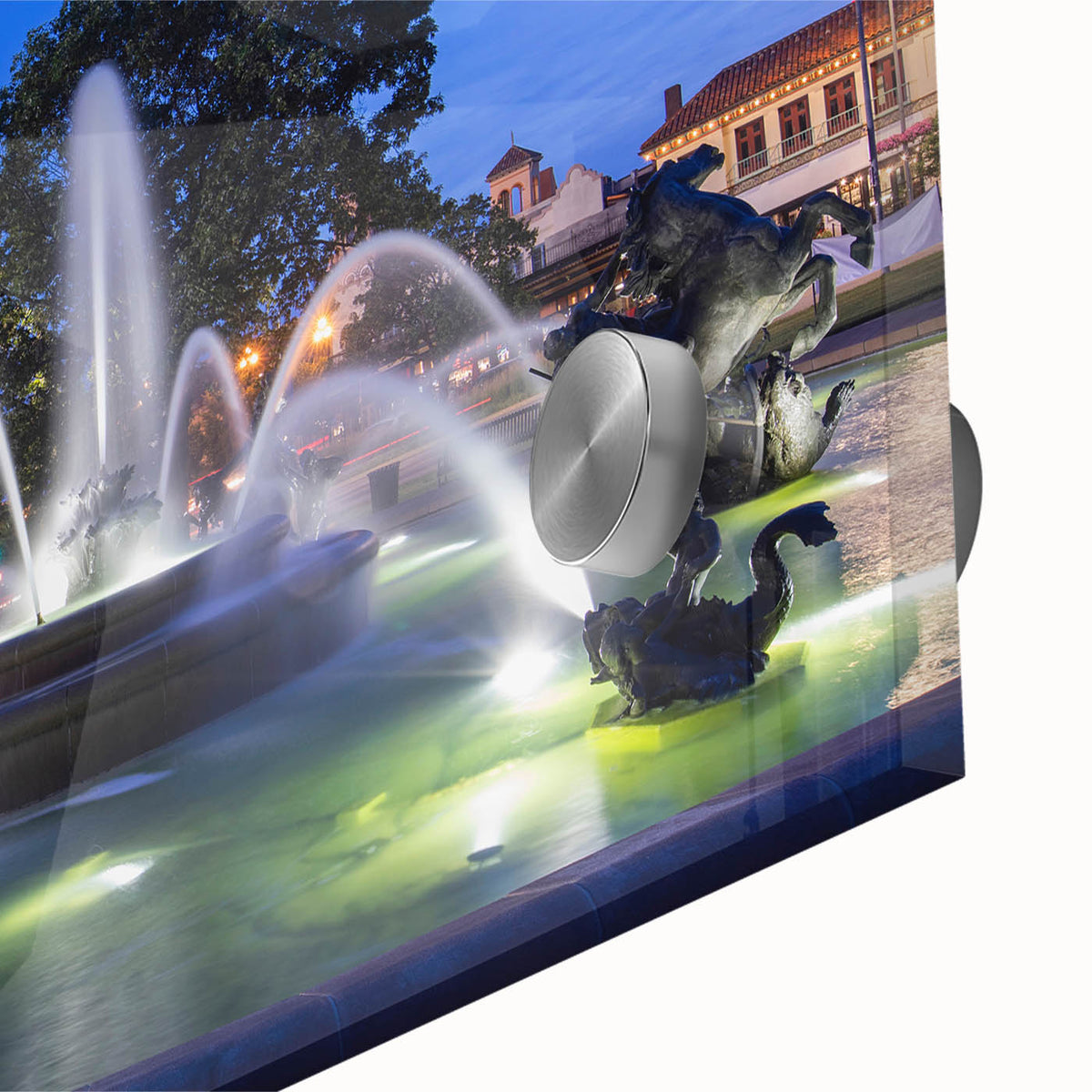 Large abstract wall art on acrylic glass showcasing a mid-century modernist fountain design in muted blue and gray tones.