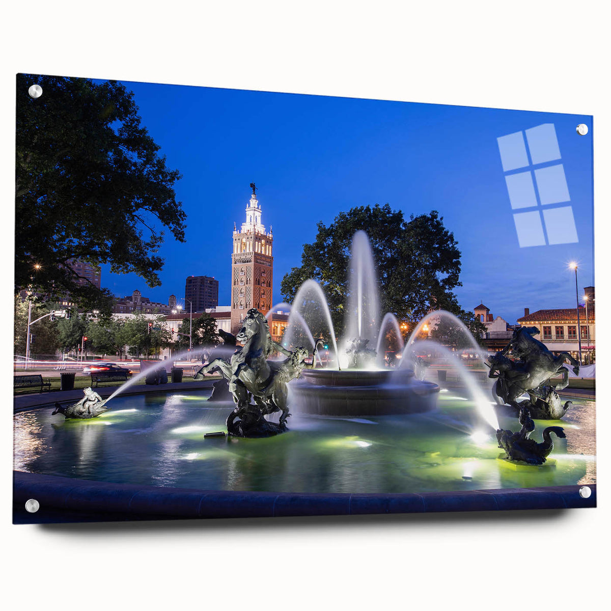 Large abstract wall art on acrylic glass featuring architectural and fountain designs in neutral tones.