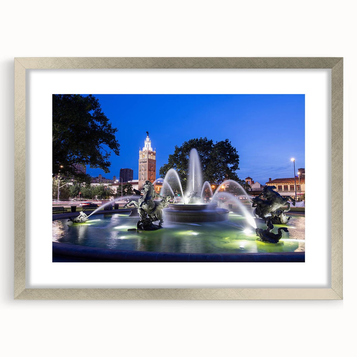 Textured abstract art print of a fountain design in muted gray and silver tones on a framed canvas.